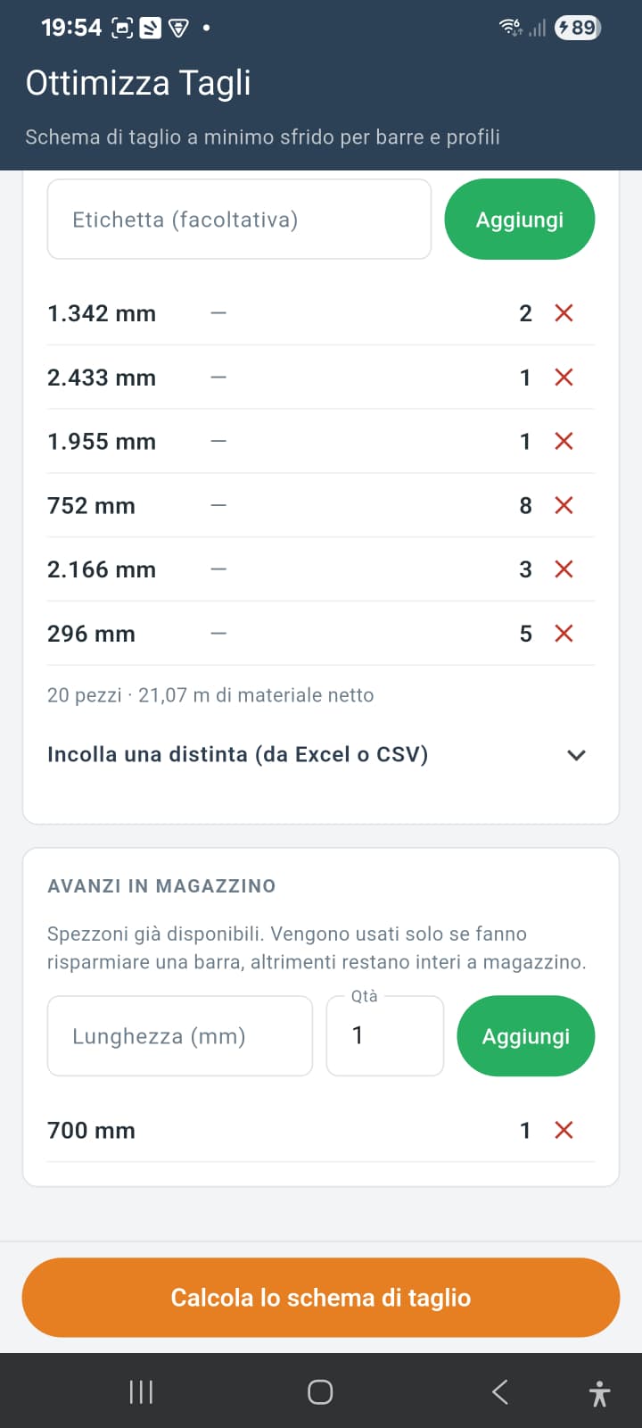 Sezione Avanzi in magazzino dell'app